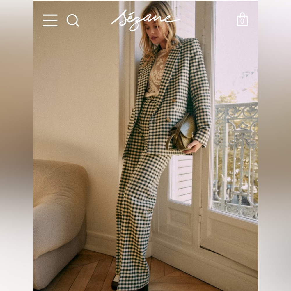 Sezane Martin Trousers Ecru Khaki Gingham - Size 4